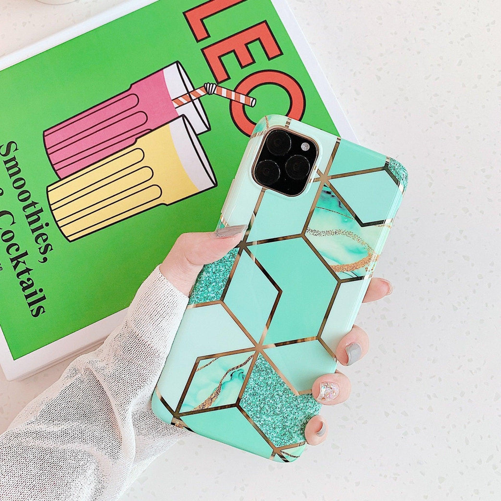 Green marble silicone iPhone case with luxury mirror finish and precision port cutouts — view 5