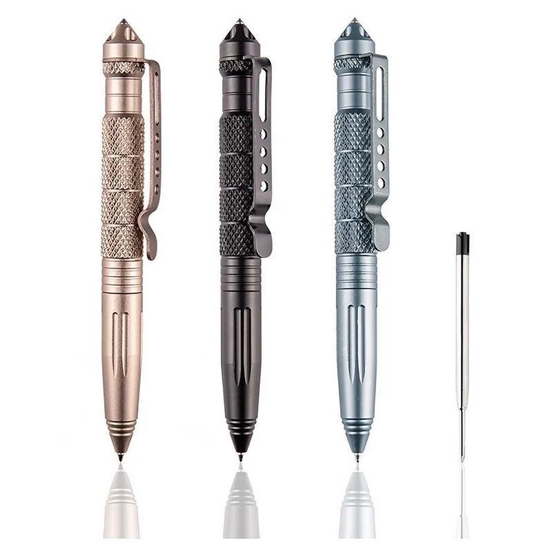 Self defence tactical pen in black aviation aluminium with glass breaker crown and pocket clip — view 4