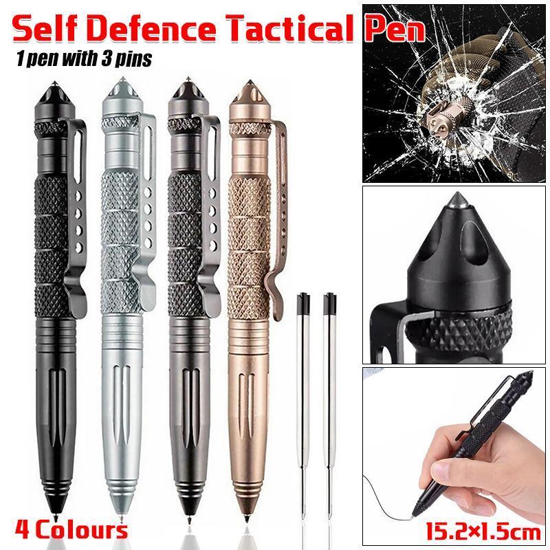 Self defence tactical pen in black aviation aluminium with glass breaker crown and pocket clip