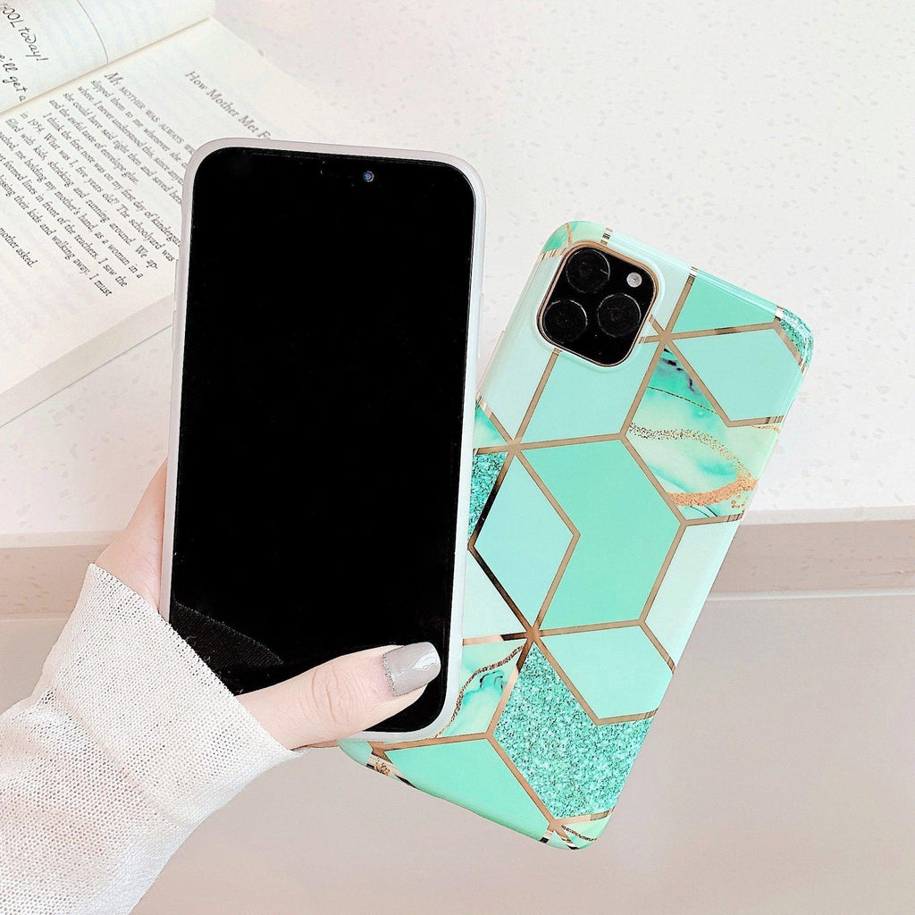 Green marble silicone iPhone case with luxury mirror finish and precision port cutouts — view 4