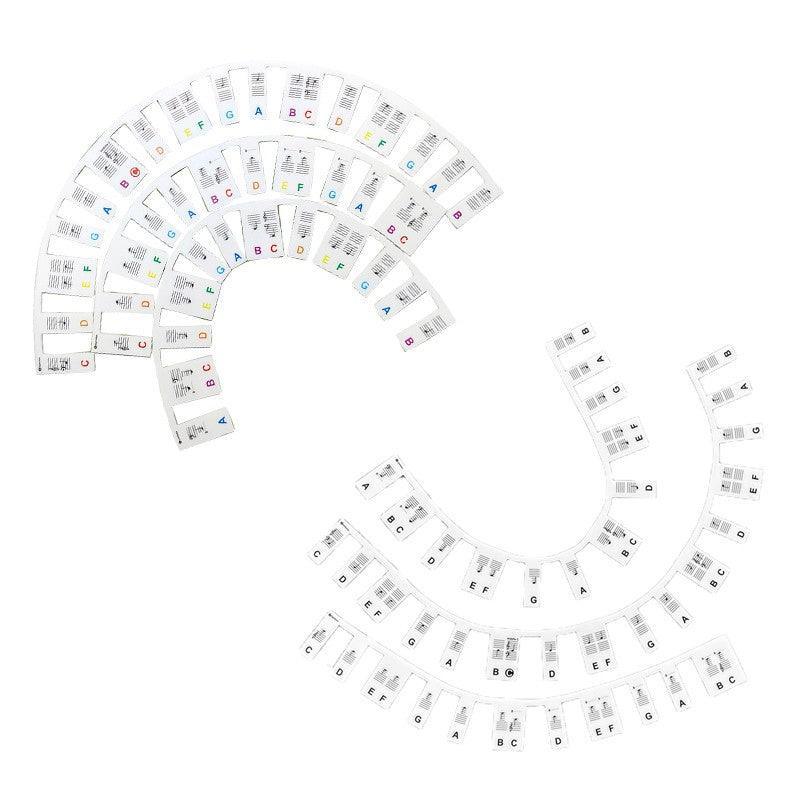 Multicolour silicone removable piano keyboard note labels placed on black and white keys — view 2