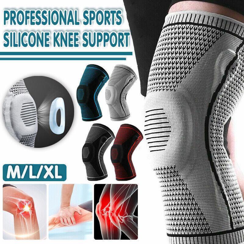 Red knee compression sleeve with silicone padding and breathable knitted fabric for sports support
