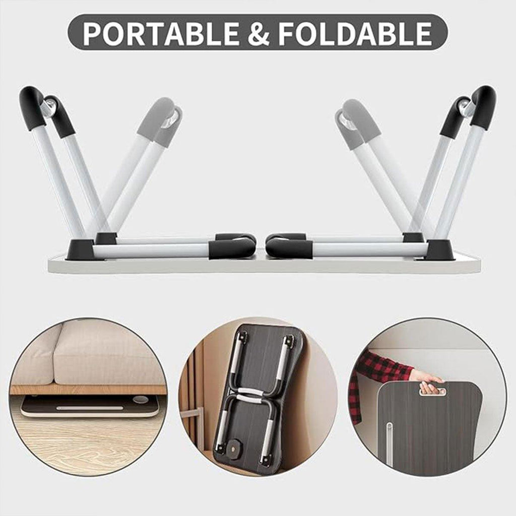 Foldable laptop bed desk in wood finish with built-in cup holder slot and metal legs — view 5