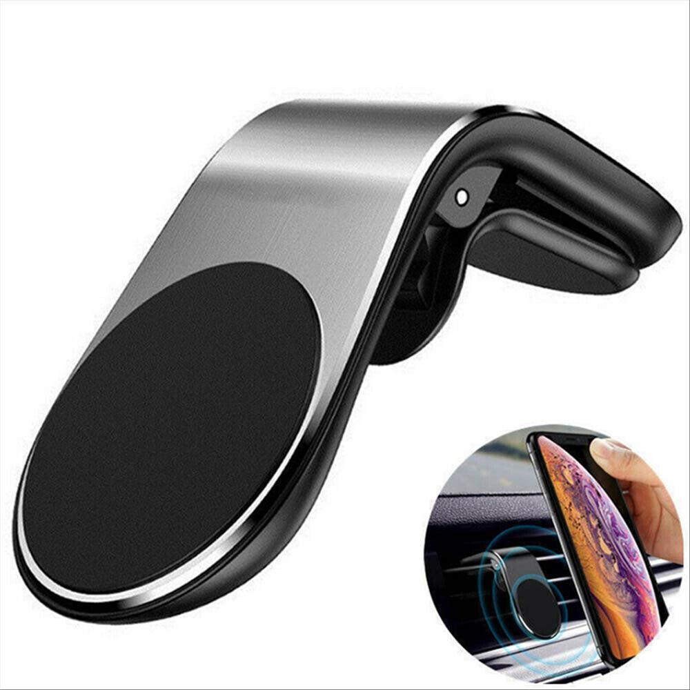 Universal magnetic car air vent phone mount in sleek aluminum holding a smartphone on dashboard — view 3
