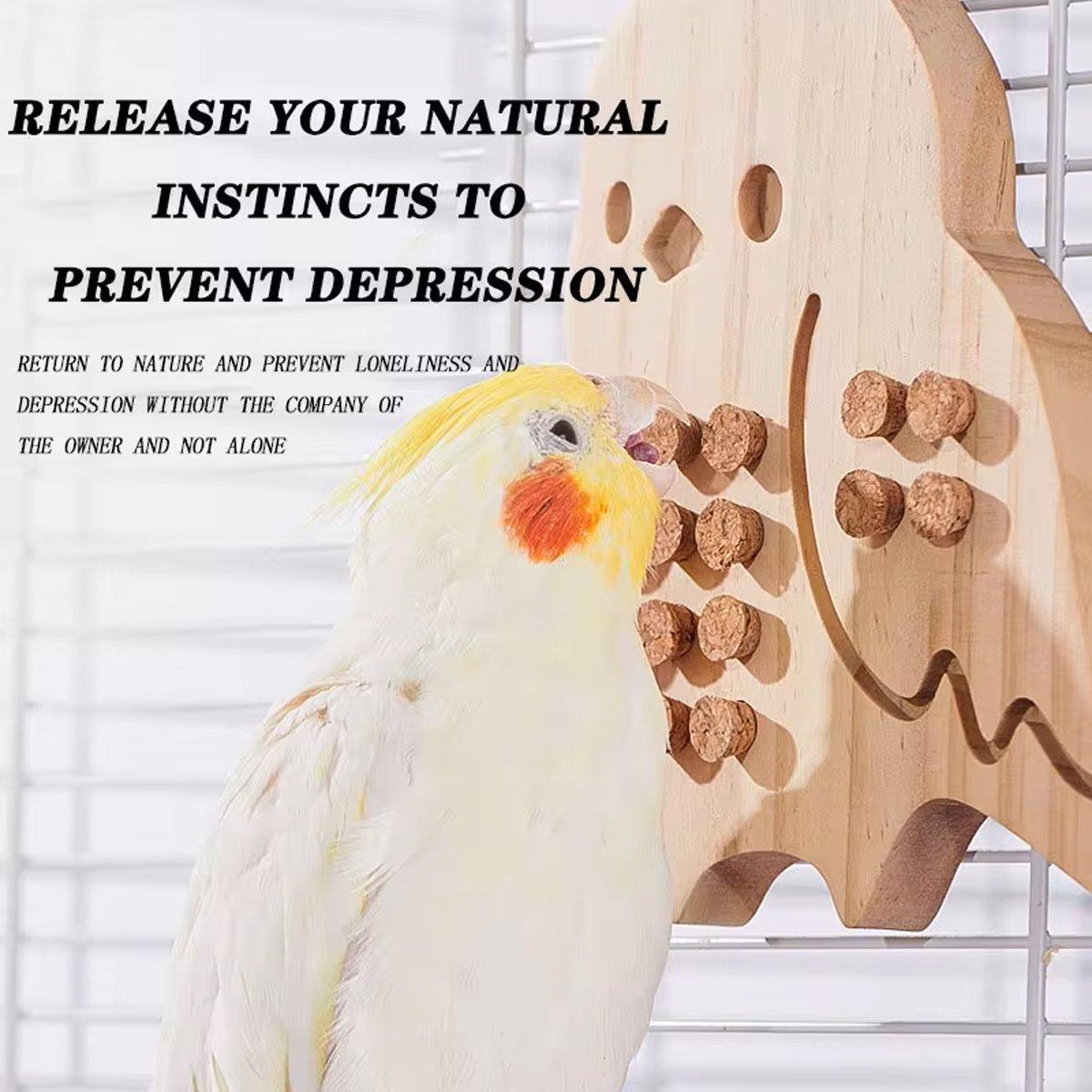 Natural wood parrot chew toy hanging puzzle cage accessory with secure metal attachment clip. — view 3