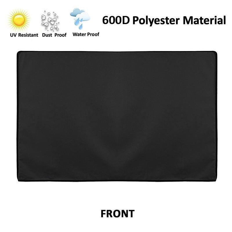 Black waterproof outdoor TV cover zipped over a flat screen television on a backyard patio. — view 4