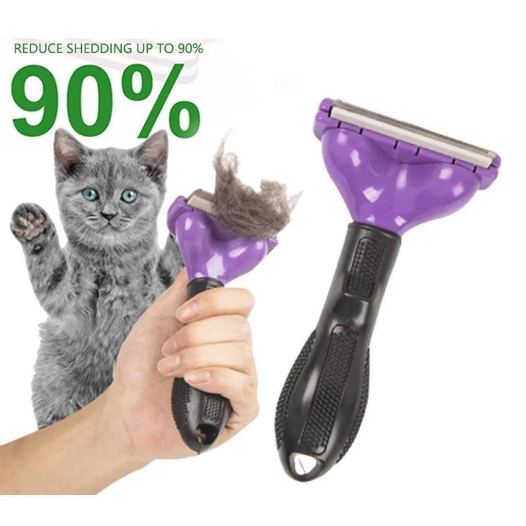 Ergonomic pet hair removal brush with stainless steel deshedding teeth and durable plastic handle — view 4