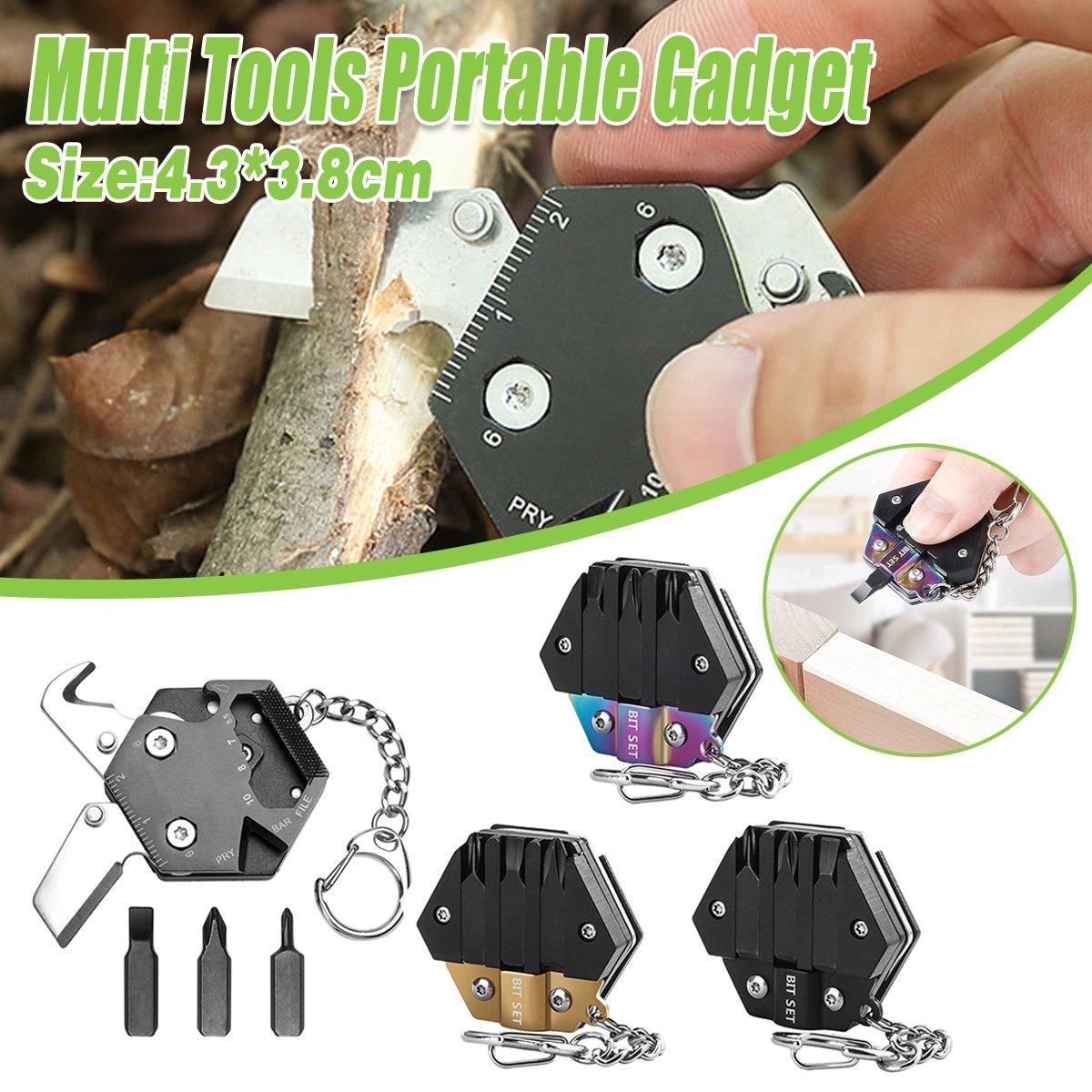 Black stainless steel hexagon pocket multitool keychain with folding knife and screwdriver bits attached
