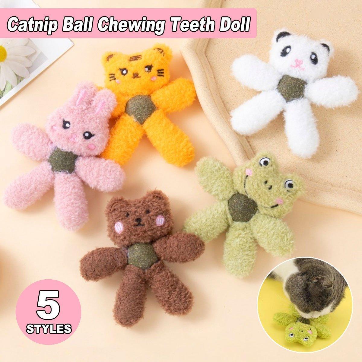 Plush cat teething chew toy in cute animal shape with catnip filling for kittens.