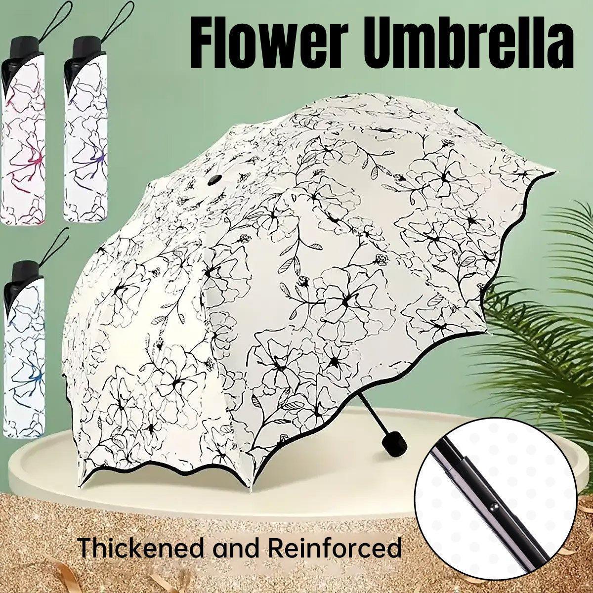 Compact floral folding umbrella with black rubber UV coating and reinforced windproof canopy frame.