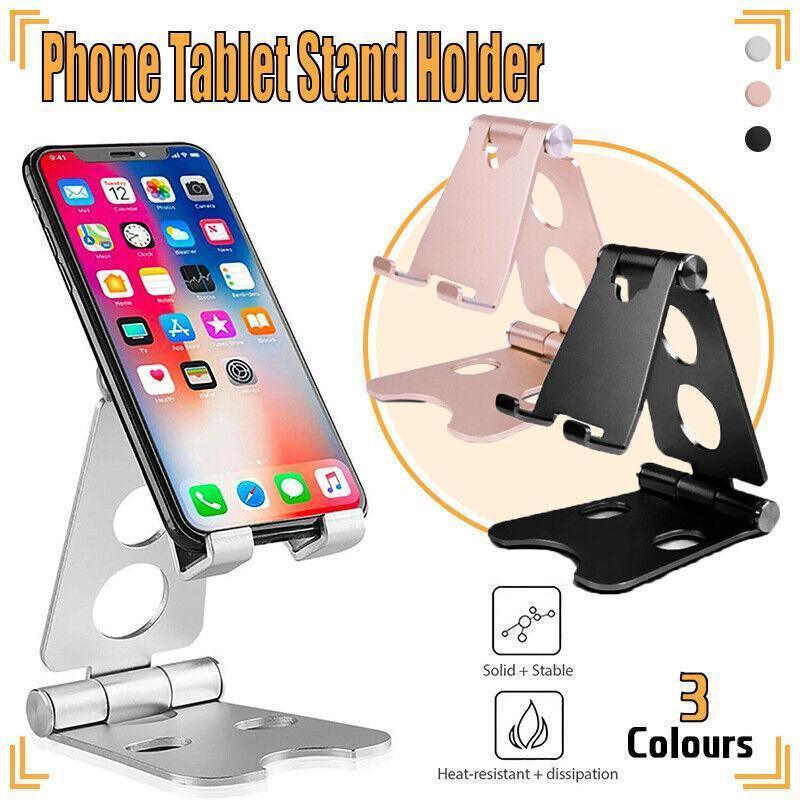 Adjustable aluminum desktop stand for phones and tablets featuring anti-slip silicone pads and charging hole