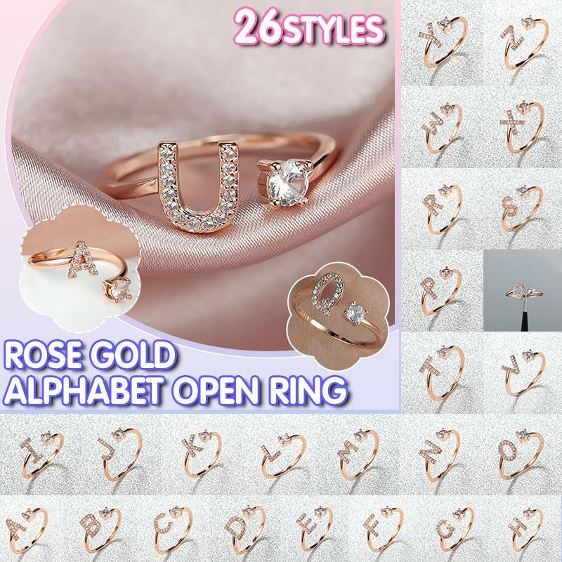 Adjustable rose gold open initial ring with sparkling zircon embellishments for women