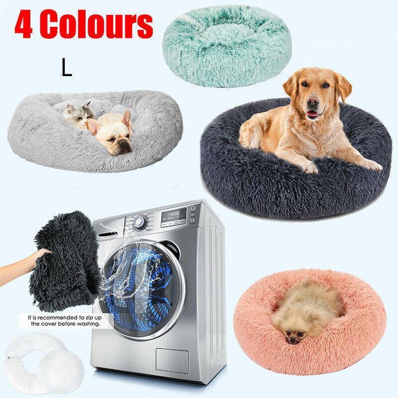 Round plush calming pet bed in soft grey with a fluffy donut shape for dogs.