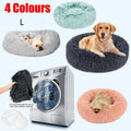 Round plush calming pet bed in soft grey with a fluffy donut shape for dogs.