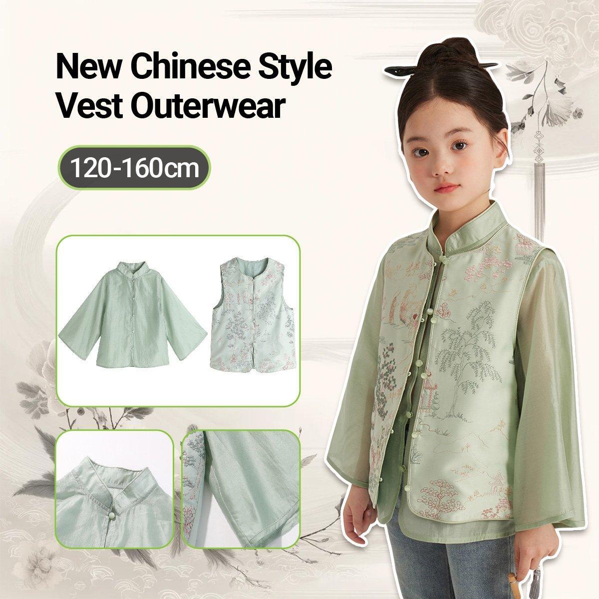 Girls embroidered two-piece set featuring a light green western shirt and traditional decorated waistcoat