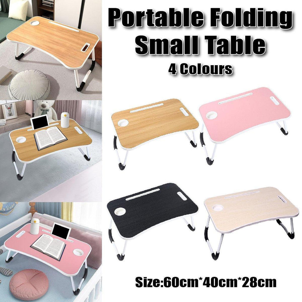 Foldable laptop bed desk in wood finish with built-in cup holder slot and metal legs