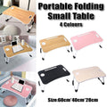 Foldable laptop bed desk in wood finish with built-in cup holder slot and metal legs