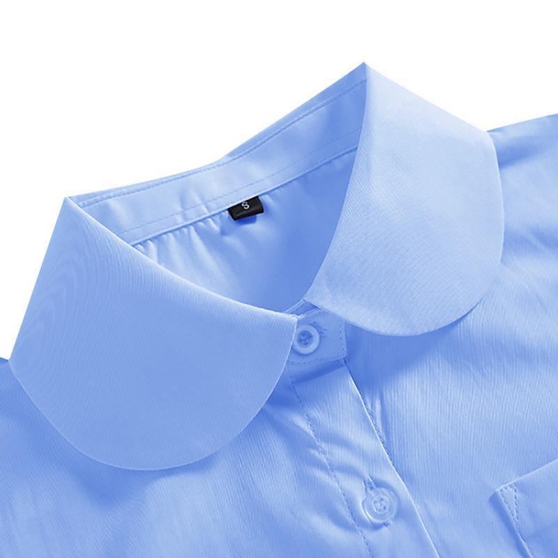 Sky blue girls long sleeve school shirt featuring a classic Peter Pan collar and adjustable cuffs — view 4