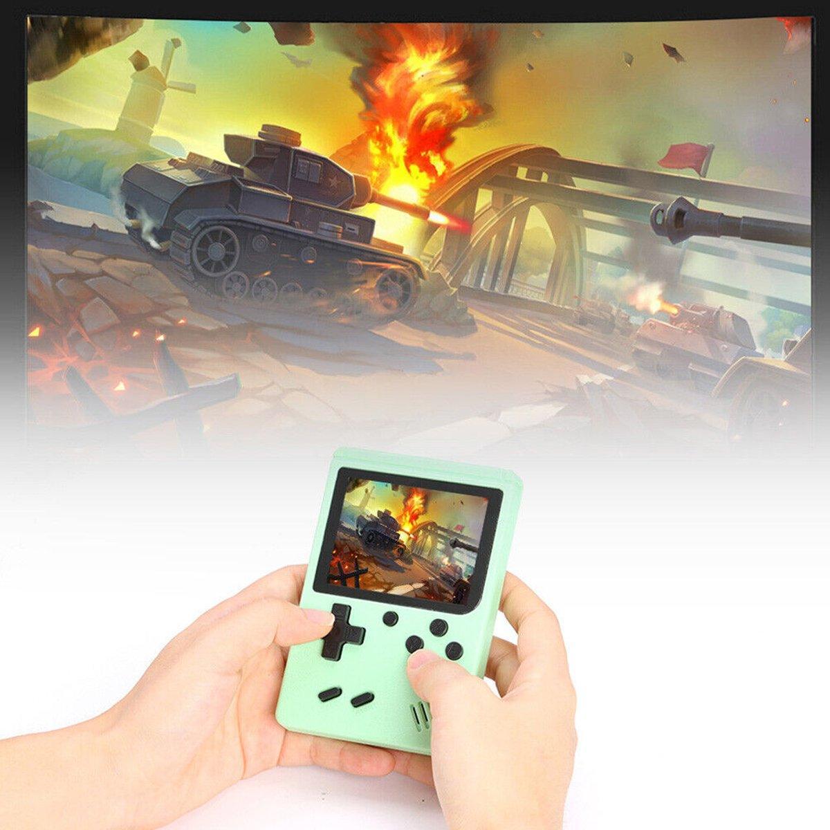 Handheld retro game console with 3-inch colour screen and directional control pad — view 3