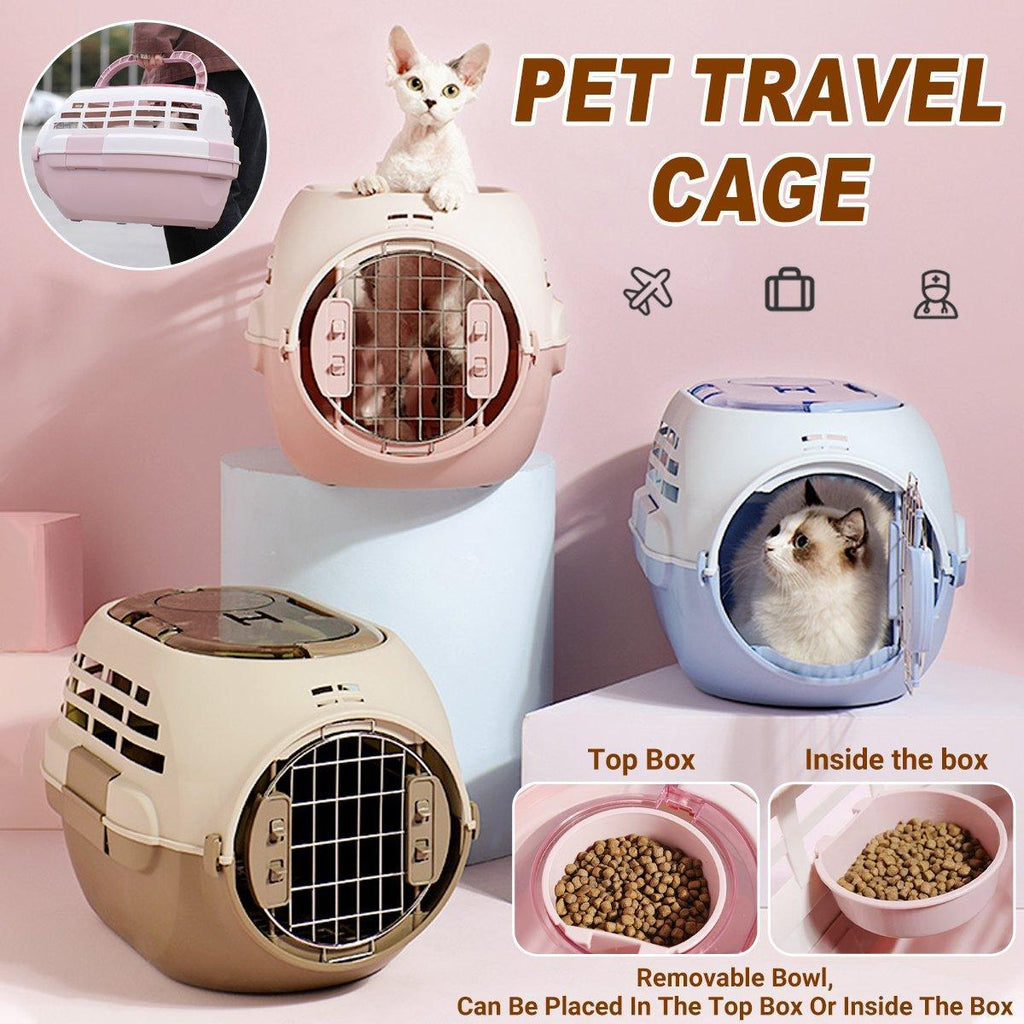Spacious plastic dog and cat travel carrier with removable sunroof and built in food bowls
