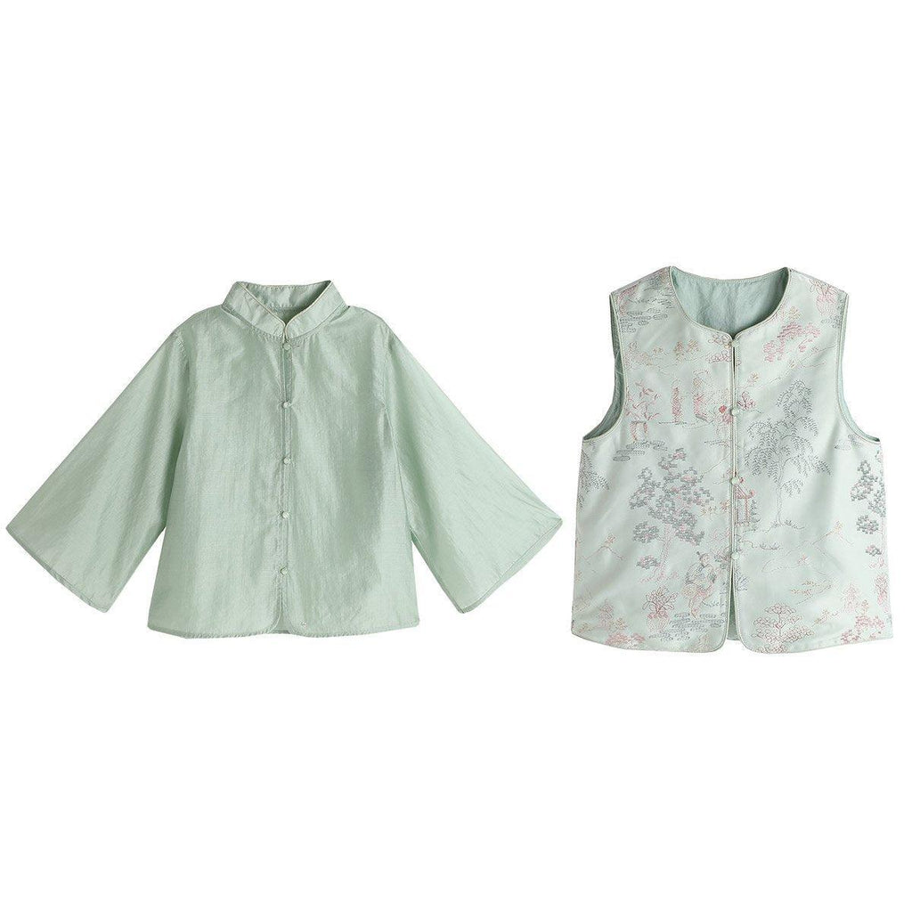 Girls embroidered two-piece set featuring a light green western shirt and traditional decorated waistcoat — view 2