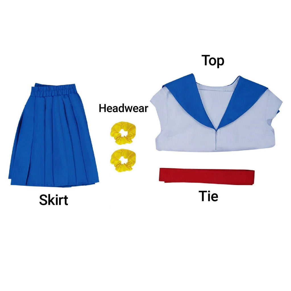 Pop Sub school uniform complete cosplay set with blue skirt, white top, and red tie — view 4