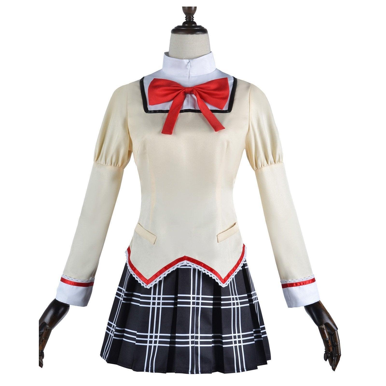 Magical girl cosplay school uniform featuring cream top, red bow tie, and black plaid skirt — view 2