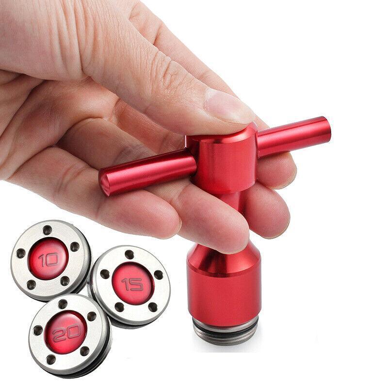 Custom golf putter weights set with red aircraft aluminum wrench and stainless steel adjustment tools — view 3