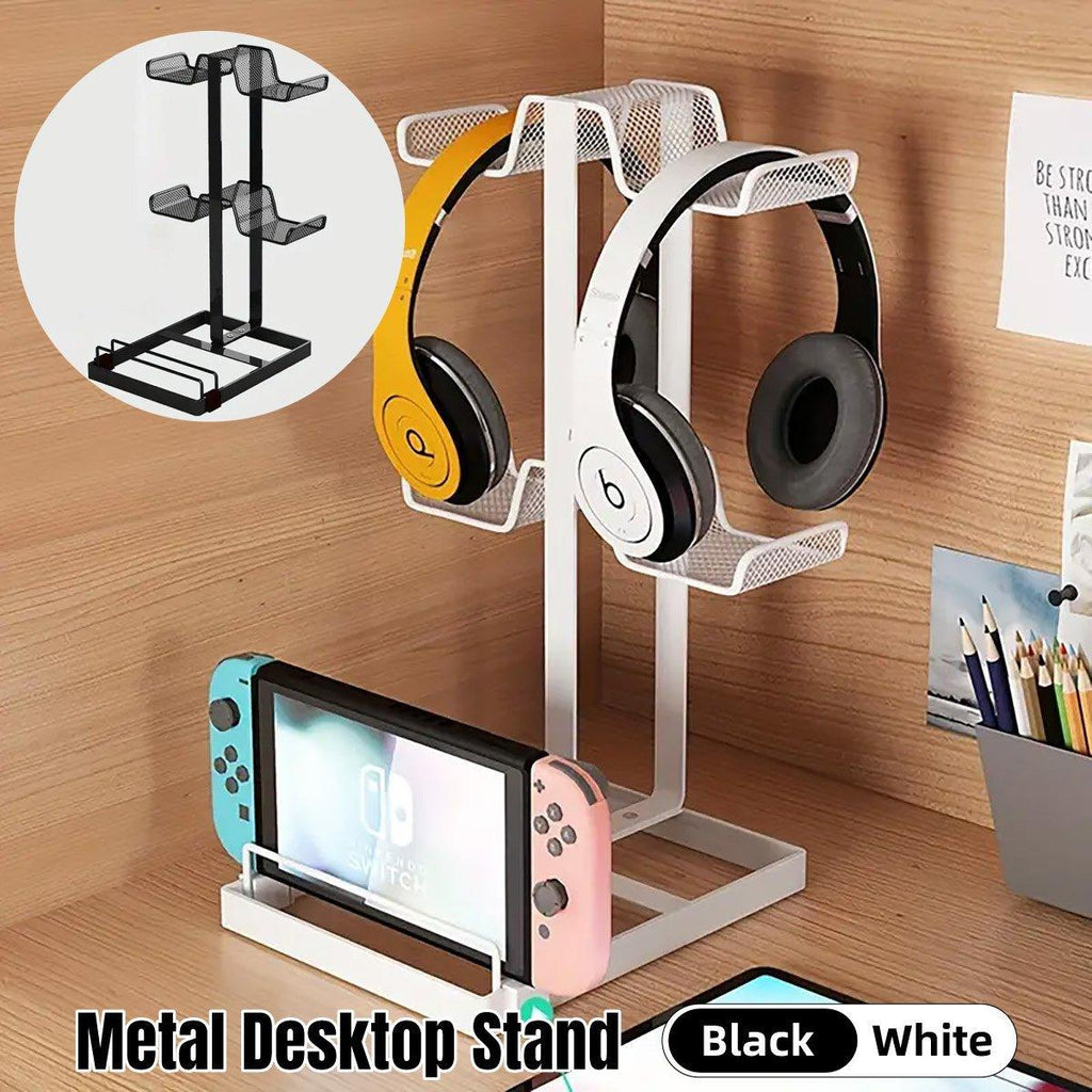 Black metal gaming controller and headphone stand holding console accessories for desk organization and display