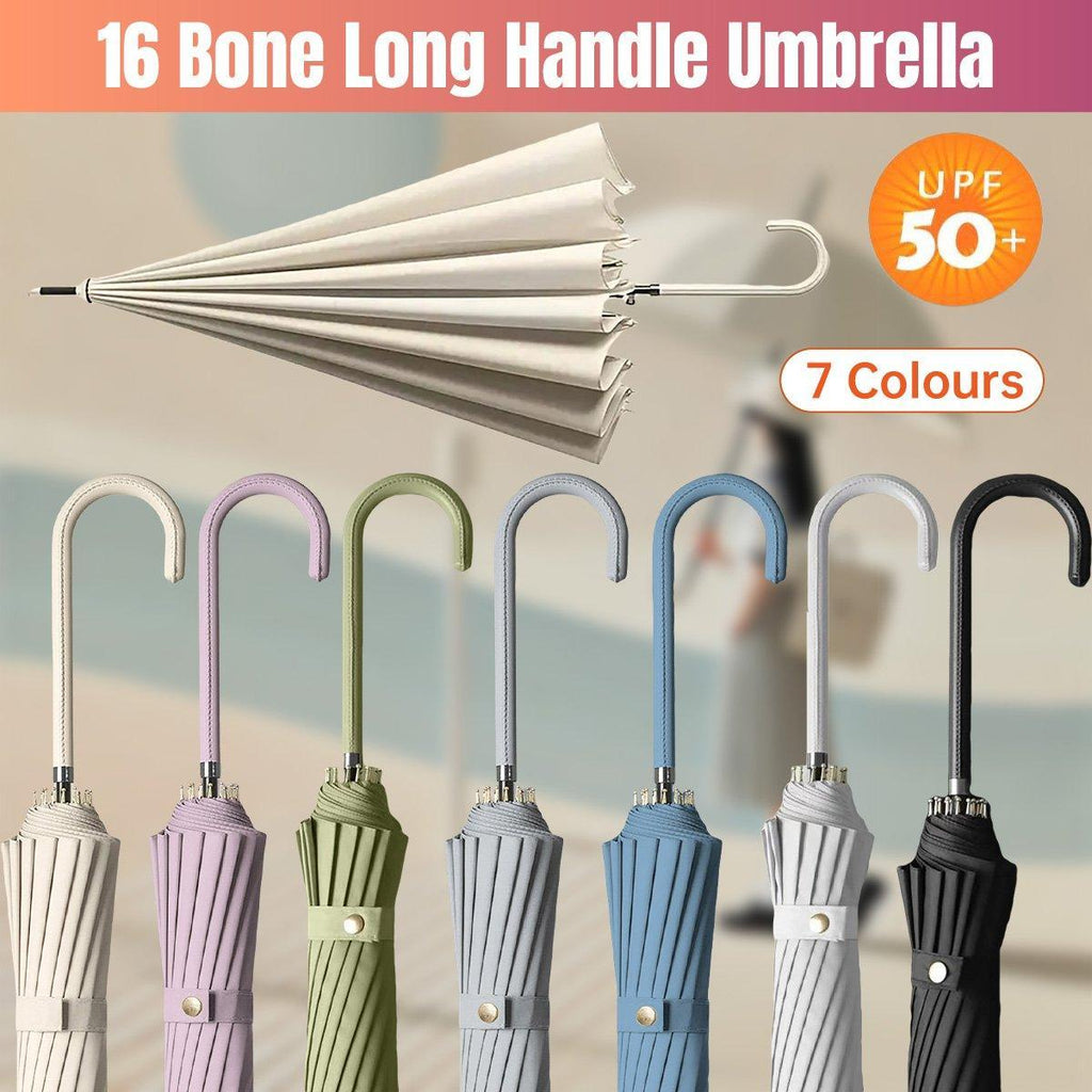Large 16-bone automatic umbrella with long ergonomic handle and waterproof UPF50+ dual-use canopy.