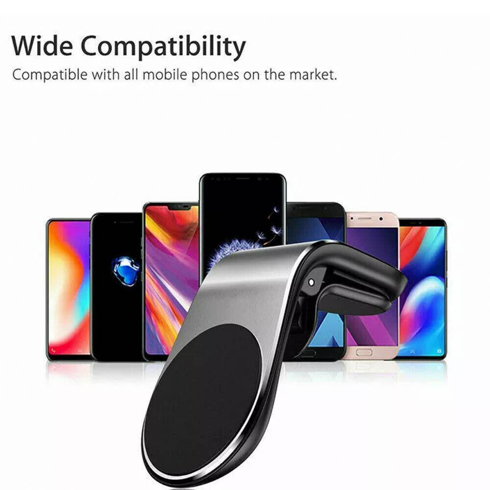 Universal magnetic car air vent phone mount in sleek aluminum holding a smartphone on dashboard — view 5