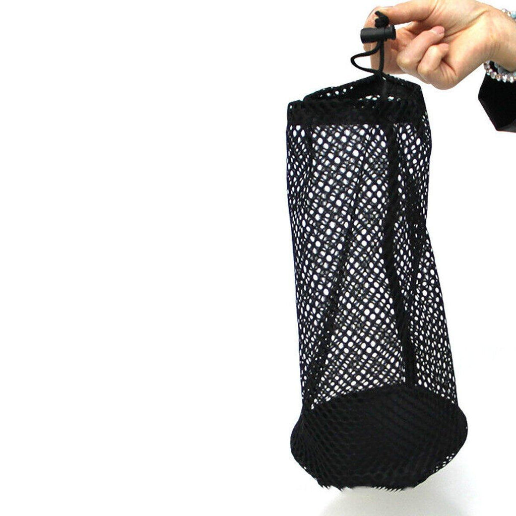 Black nylon mesh golf ball net bag with secure drawstring closure for sports storage — view 4