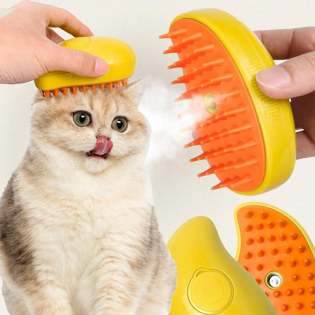 Electric pet hair brush in yellow and green with soft teeth and misting spray function — view 4