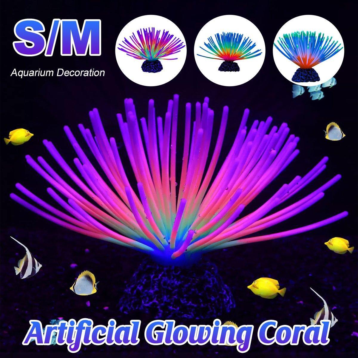Glowing artificial lotus coral aquarium decoration made of vibrant multicoloured silicone on a resin base