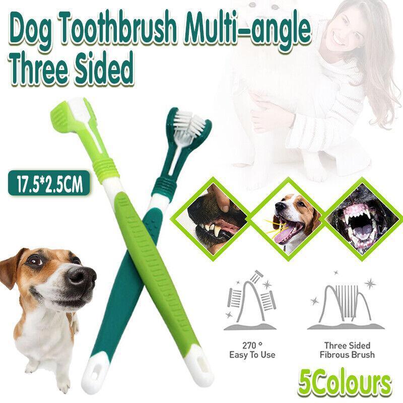 Dark green three-sided pet toothbrush with soft bristles for dog and cat dental care