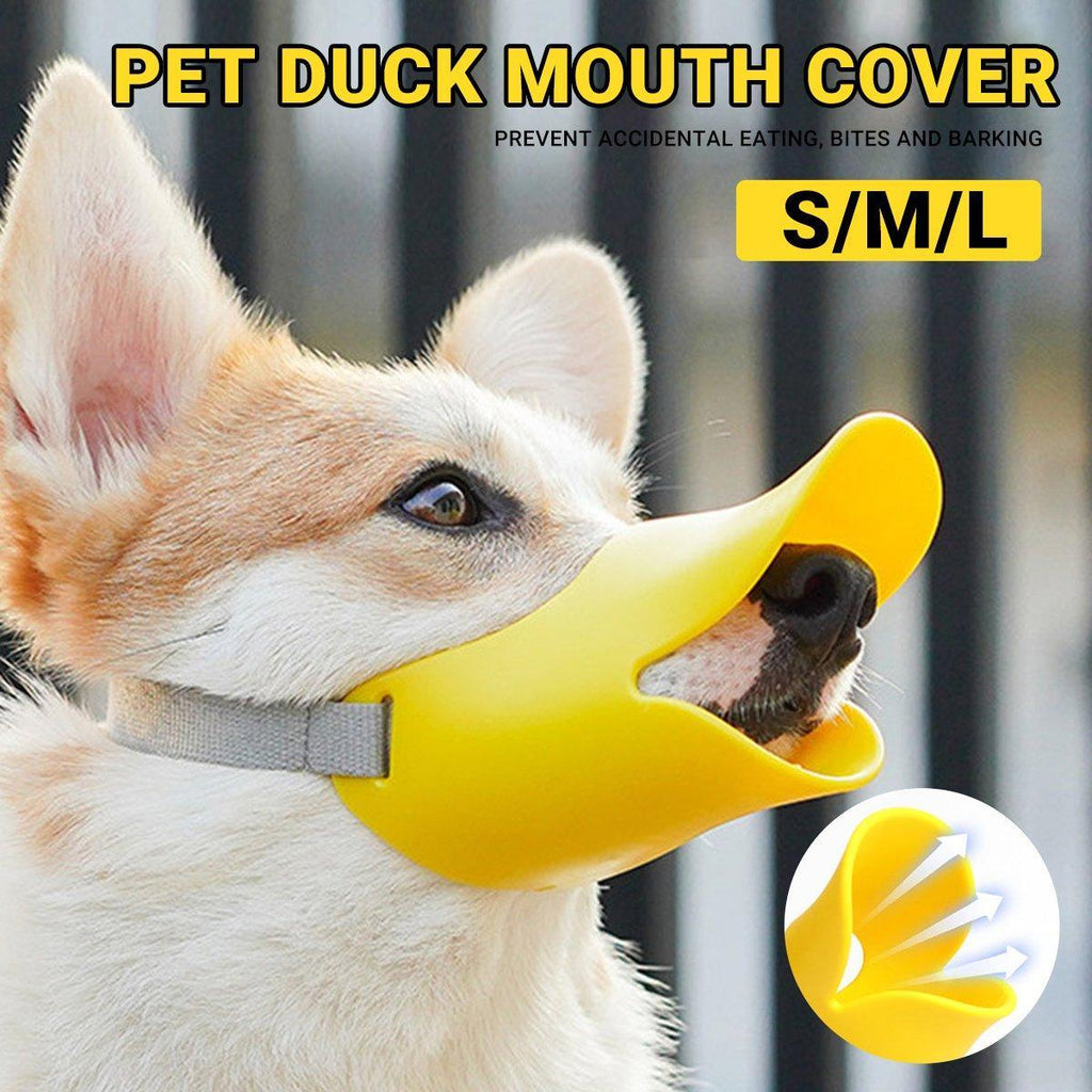 Yellow silicone duck bill dog muzzle with adjustable strap for safe pet training and bite control