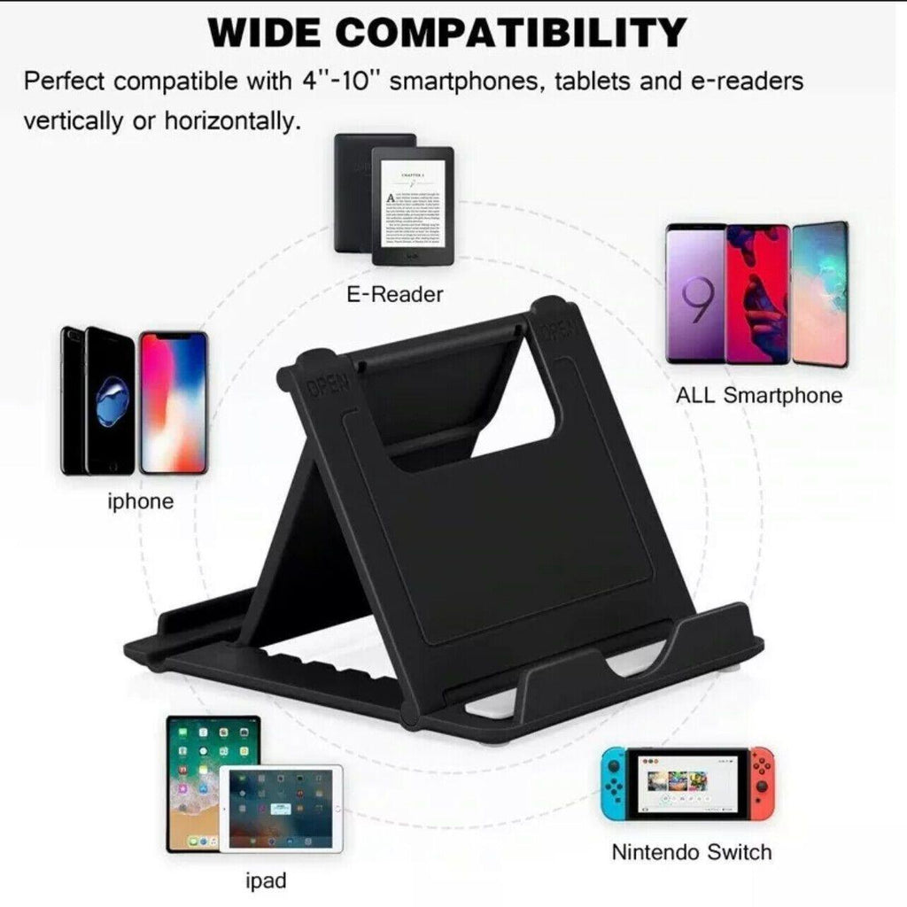 Adjustable foldable device stand made of durable plastic supporting a smartphone or tablet. — view 4