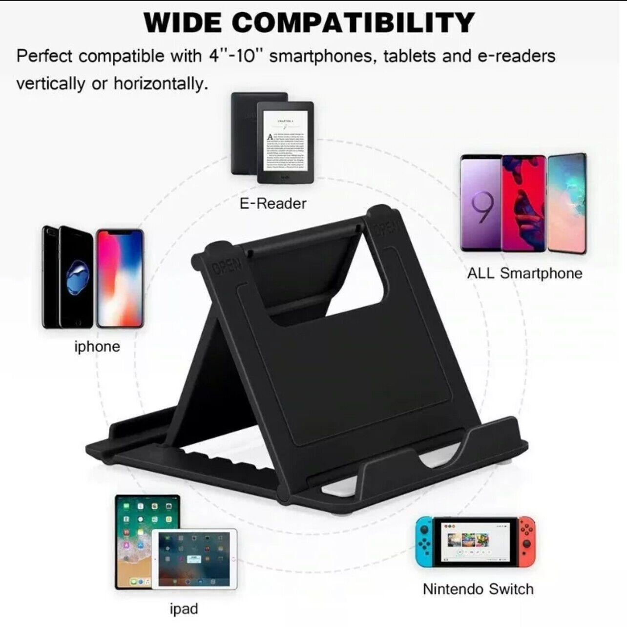 Adjustable foldable device stand made of durable plastic supporting a smartphone or tablet. — view 4