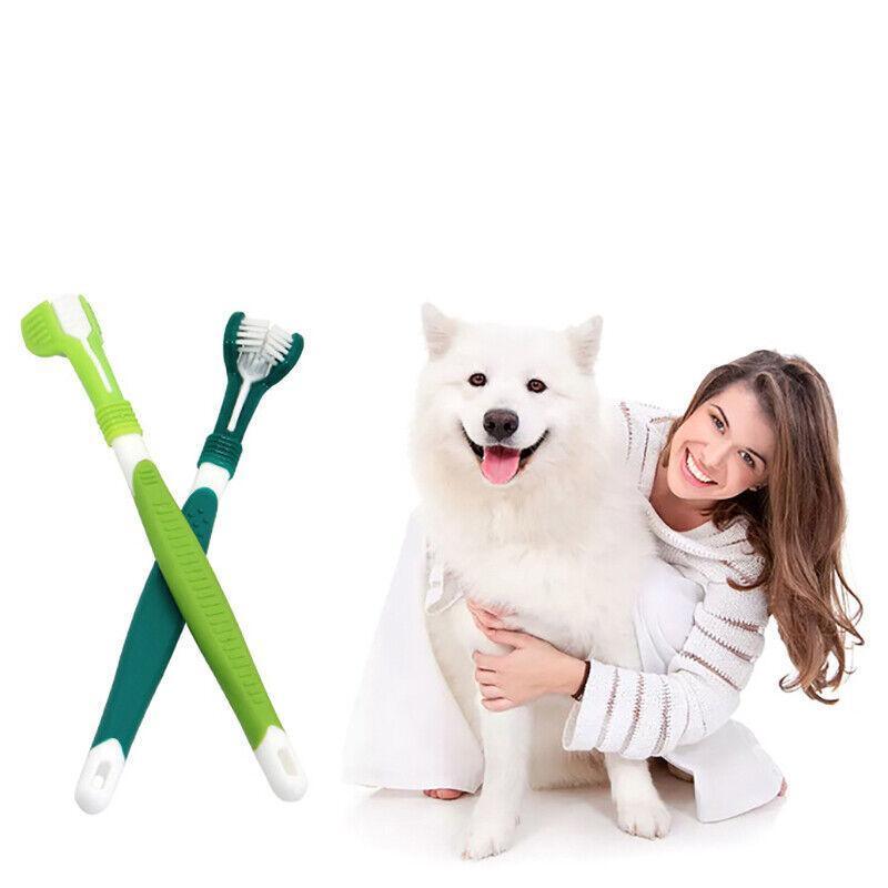 Dark green three-sided pet toothbrush with soft bristles for dog and cat dental care — view 4