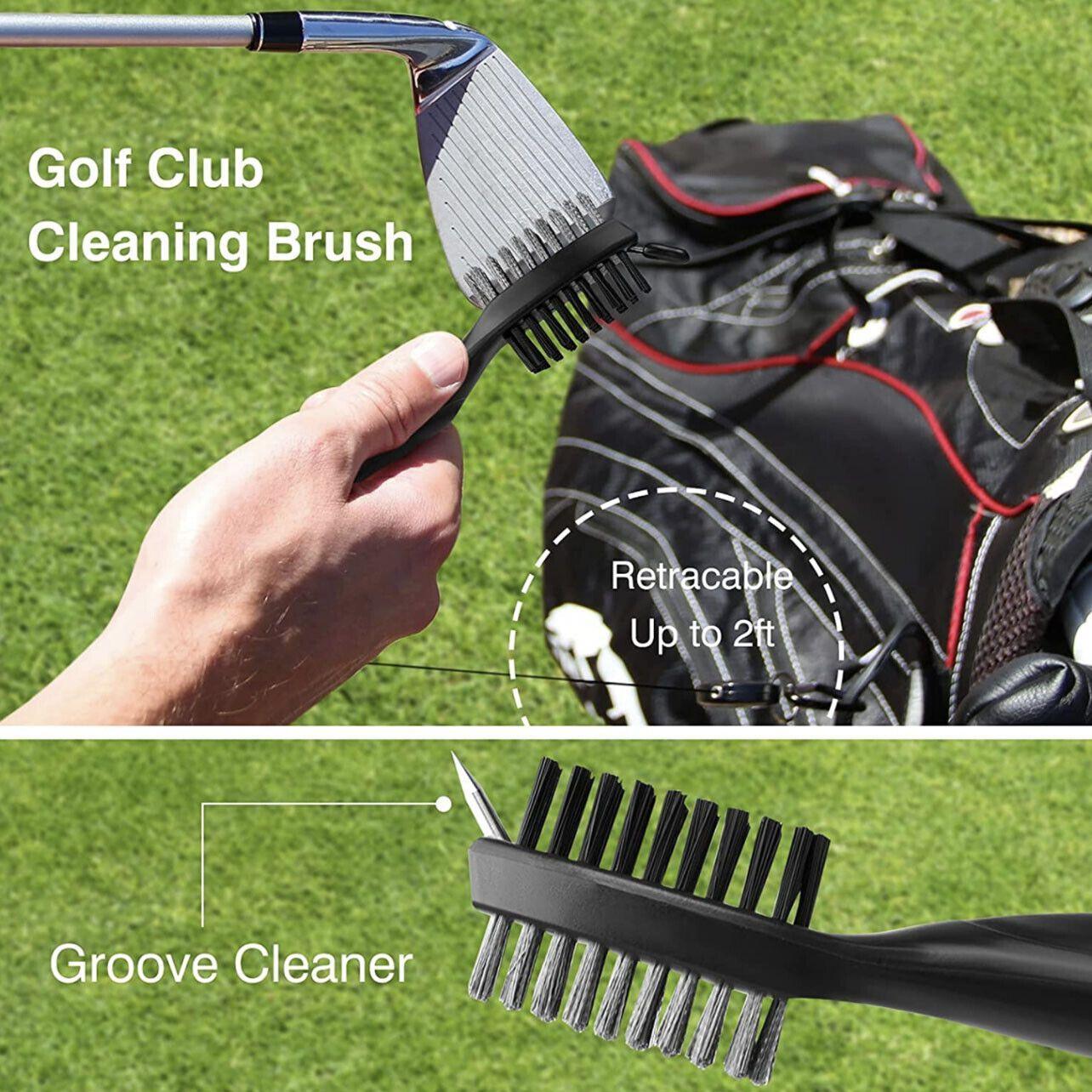 Double sided golf club cleaning brush with retractable clip and groove spike in black plastic — view 3