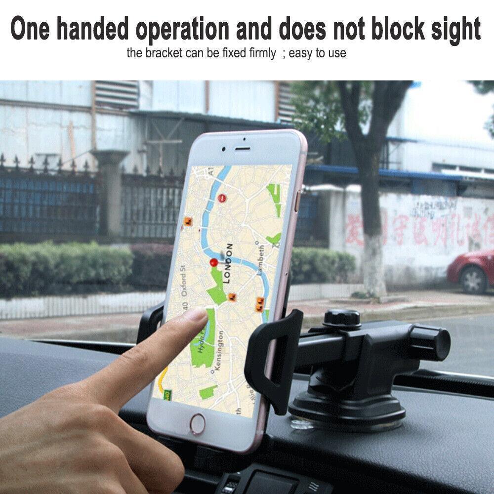Universal car phone holder with carbon fiber finish, mounted securely on a vehicle dashboard. — view 5