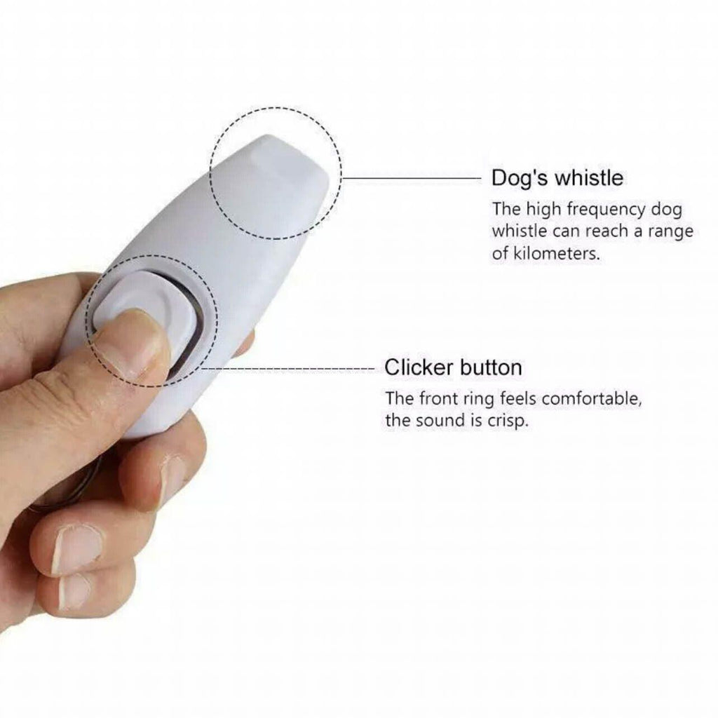 Dog whistle and clicker set for training in lightweight plastic with a convenient metal keychain attachment — view 4