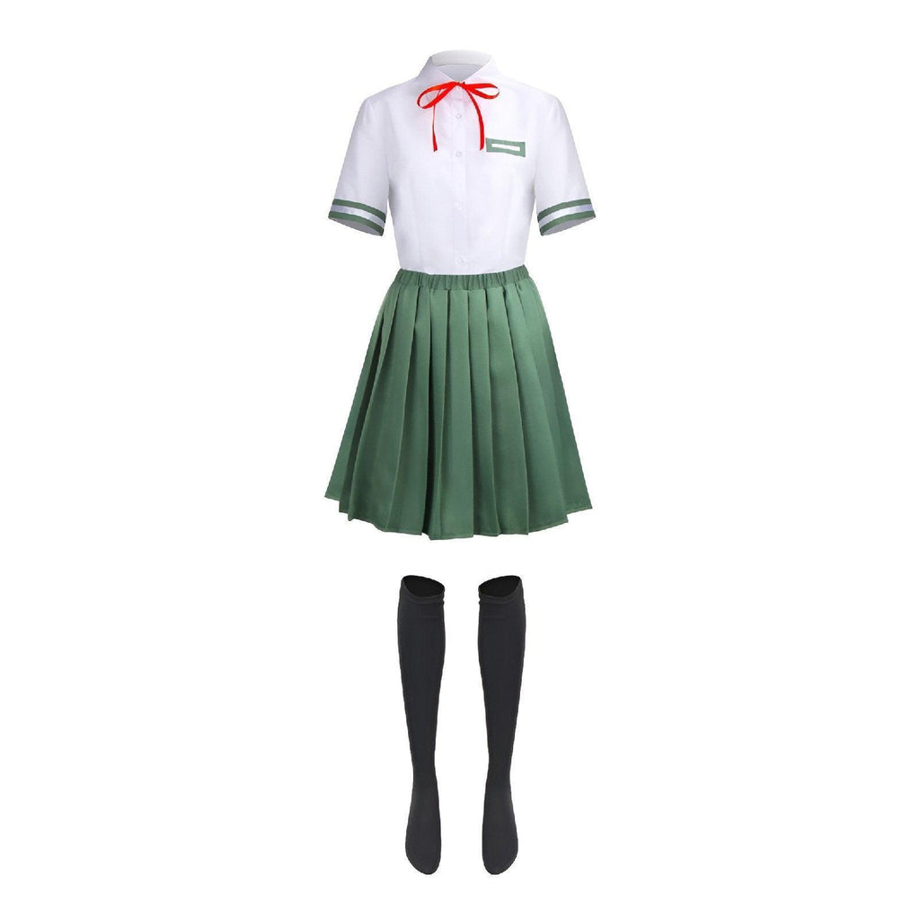 Suzume school uniform cosplay set with white shirt, green pleated skirt, red tie, and socks — view 2