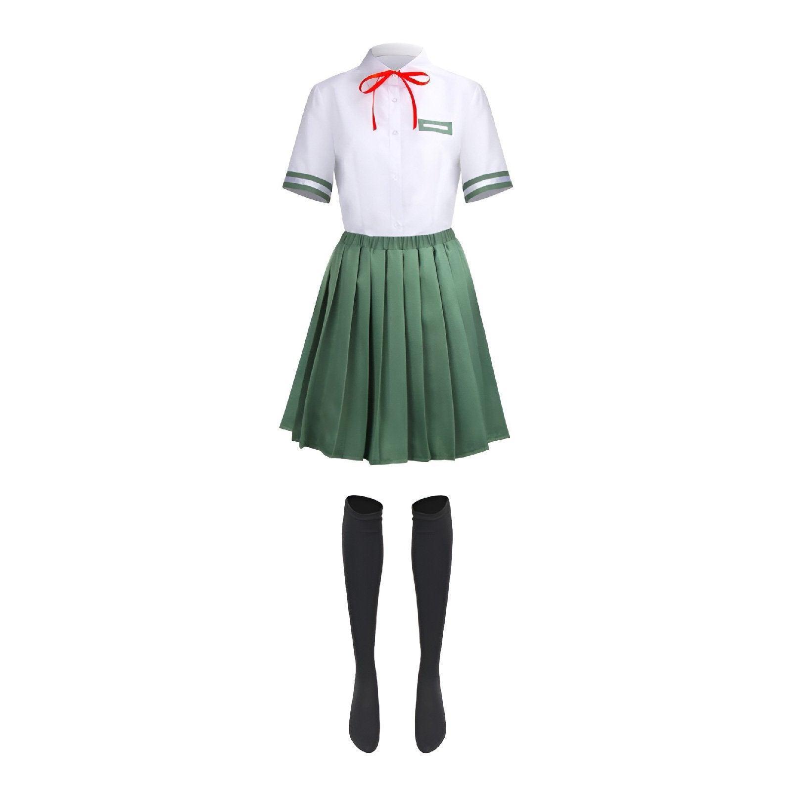 Suzume school uniform cosplay set with white shirt, green pleated skirt, red tie, and socks — view 2
