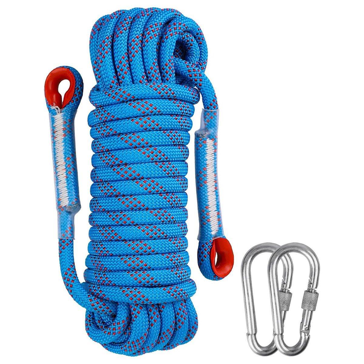 Blue heavy duty nylon climbing rope with red accents and two attached metal carabiners — view 2