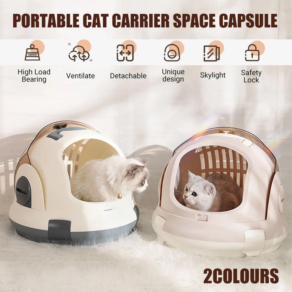 Portable cat carrier space capsule with transparent dome and breathable vents in durable pet-safe plastic