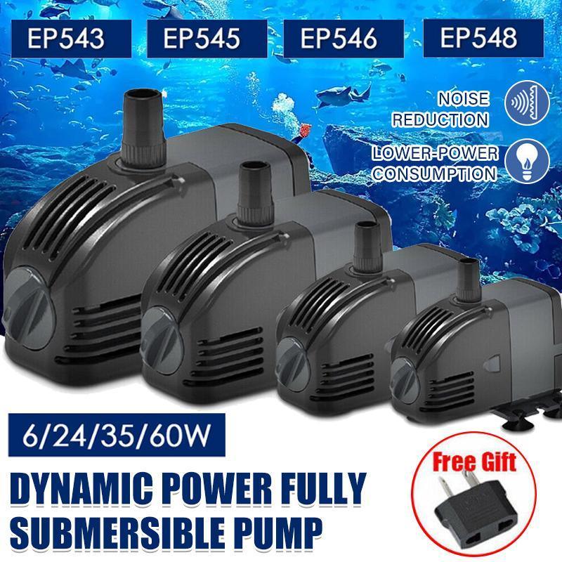 Grey adjustable submersible aquarium water pump with suction cups and detachable nozzle attachments