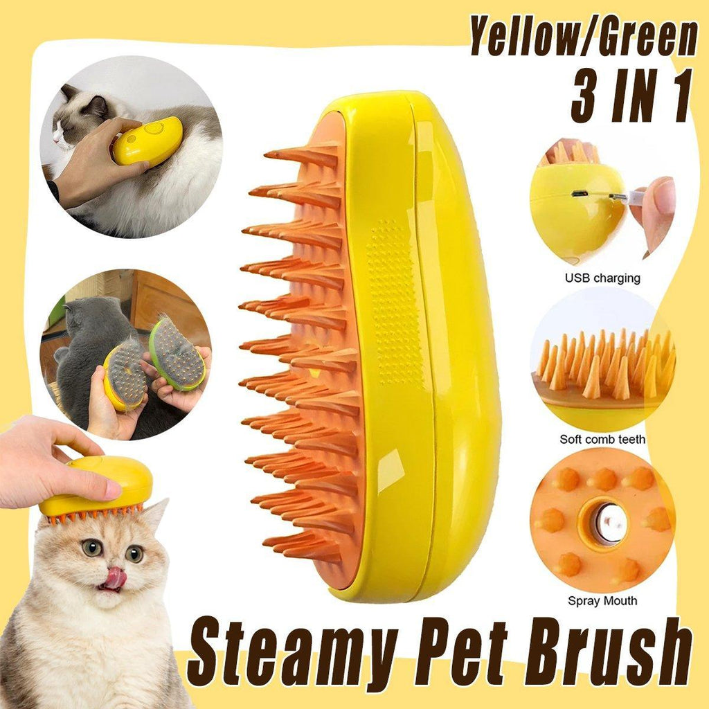Electric pet hair brush in yellow and green with soft teeth and misting spray function