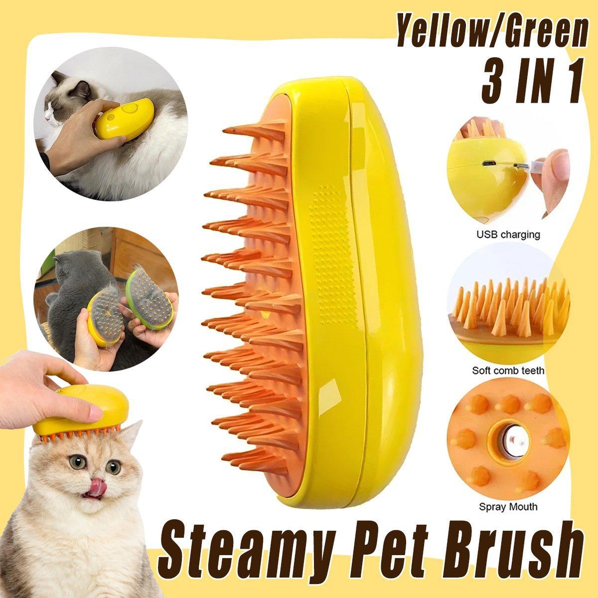 Electric pet hair brush in yellow and green with soft teeth and misting spray function
