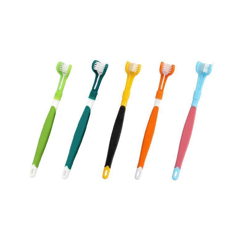 Dark green three-sided pet toothbrush with soft bristles for dog and cat dental care — view 2